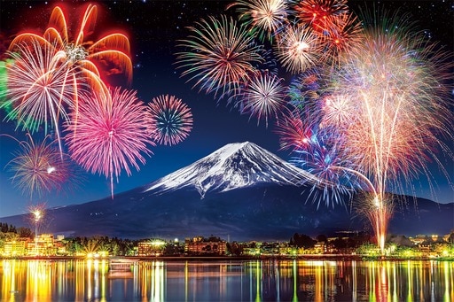 河口湖畔 富士と花火-山梨