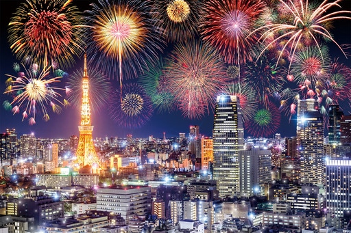 東京夜景と花火